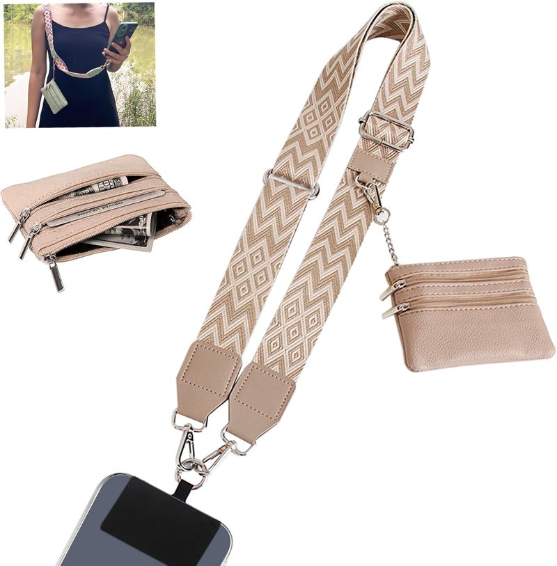 SCINYMC Clip and Go Strap for Phone with Wallet Crossbody, Adjustable Phone-Lanyards with Wallet, Phone Lanyard with Zippered Pouch, Crossbody iPhone Straps for All Phones, Khaki-Apricot - Image 1